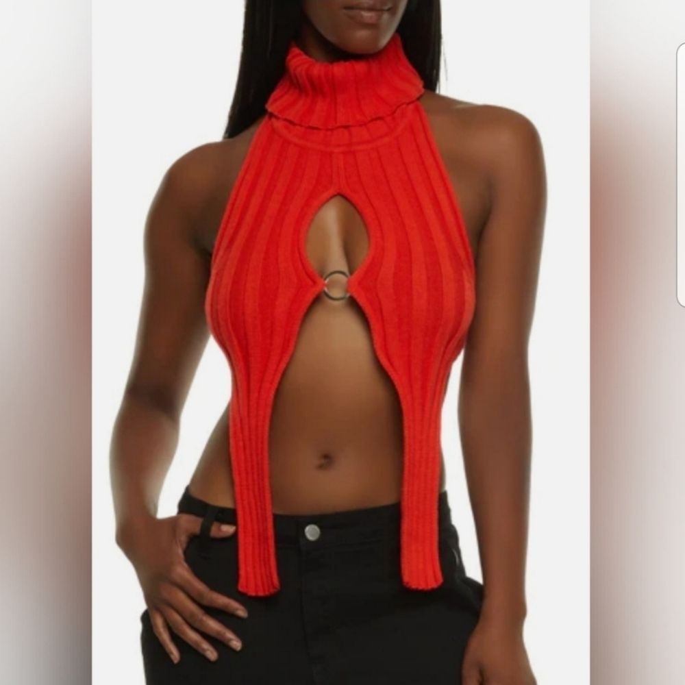 Daisy Slit Halter Turtleneck Sweater Top NWT Ribbed, Sexy, Open Front, Black, Pi - Picture 9 of 16
